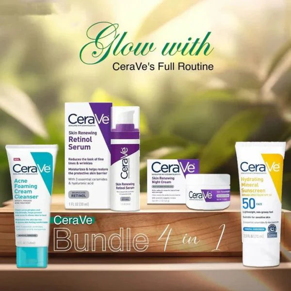CeraVe 4 in 1 Skin Care Bundle Night Cream, Sunblock, Cleanser & Serum for Radiant Skin