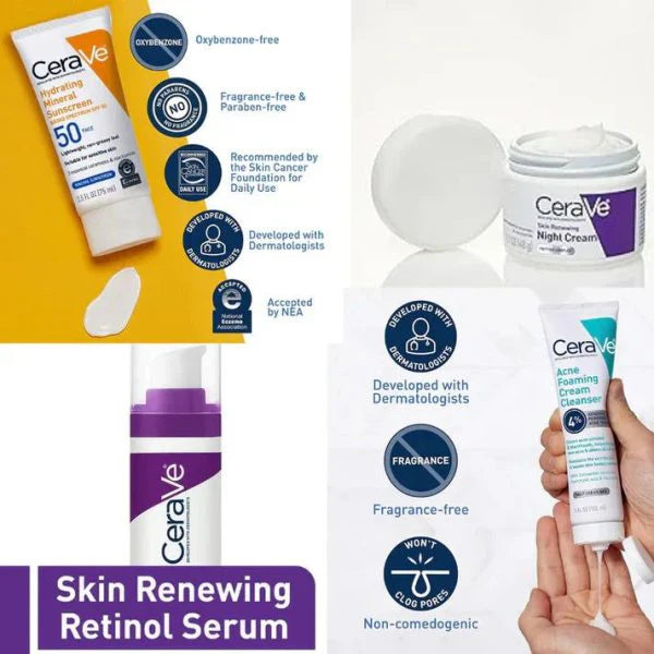CeraVe 4 in 1 Skin Care Bundle Night Cream, Sunblock, Cleanser & Serum for Radiant Skin